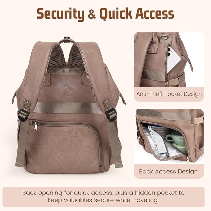 ROSEGIN Premium Vegan Leather Diaper Bag Backpack with Waterproof Changing Pad – Reinforced Stitching & Zippers, Baby Bag for Boy Girl, Stroller Straps, Ergonomic Design for Traveling Moms, Taupe
