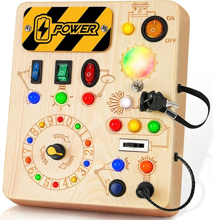 OAKJAR Busy Board, Montessori Toys for 1+ Year Old, Busy Board with 13 Led Light, Wooden Toddler Educational Travel Toy, 1 Year Old Boy&Girl Gifts