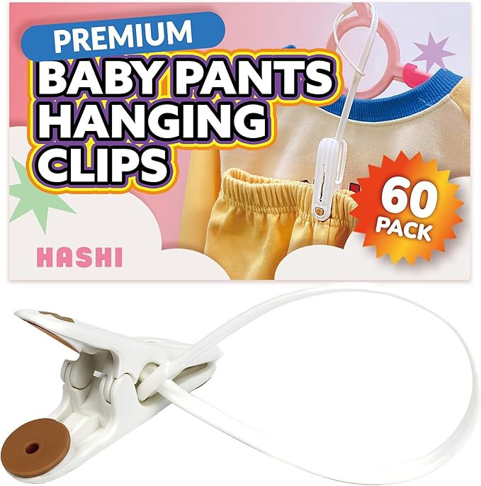 HASHI Baby Clothes & Pants Clips, Non-Slip Hanger Clips with Strong Grip, Space-Saving Organizer for Baby & Toddler Laundry, Closet, Socks, Stroller, Travel & Drying Rack (60, Premium)