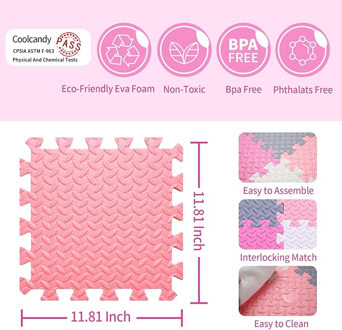 Coolcandy Baby Foam Play Mat 16Pcs with Edge Strips, 4 Colors Interlocking Floor Tiles, 0.4″ Thickened Non-Slip Puzzle Floor Mat for Infants Toddlers Playroom & Daycare