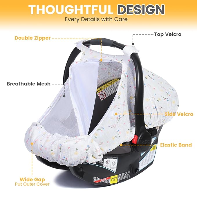 Orzbow Cotton Baby Car Seat Cover, Breathable Car Seat Canopy for Girls Boys with Mesh Window, Lightweight Baby Carrier Cover for Wind, Dust, Sun and Insects Protection, Universal Fit, White