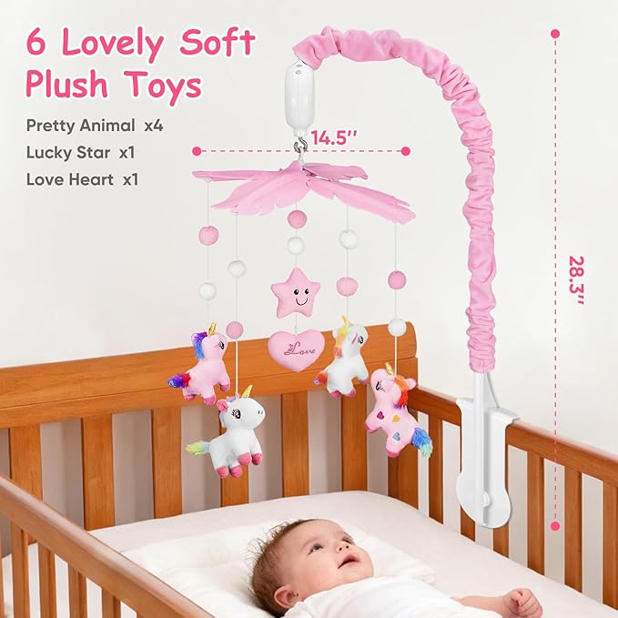 Baby Crib Mobile with Rotating Music Box and 28” Mobile Arm, Unicorm Crib Mobile for Baby Girls with 6 Plush Toys 35 Lullabies, Musical Nursery Mobile, Pink Nursery Decor, Crib Toys for Infant Baby