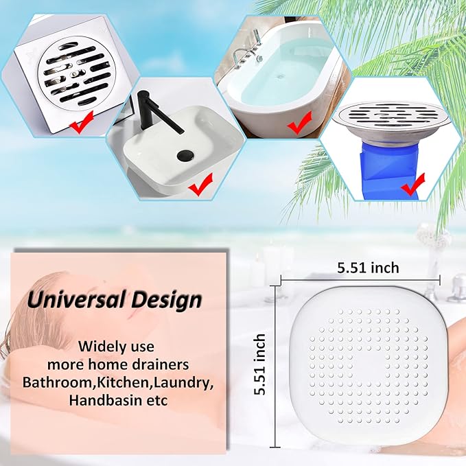 Hair Drain Catcher,Square Drain Cover for Shower Silicone Hair Stopper with Suction Cup,Easy to Install Suit for Bathroom,Bathtub,Kitchen 4 Pack (Pure White)