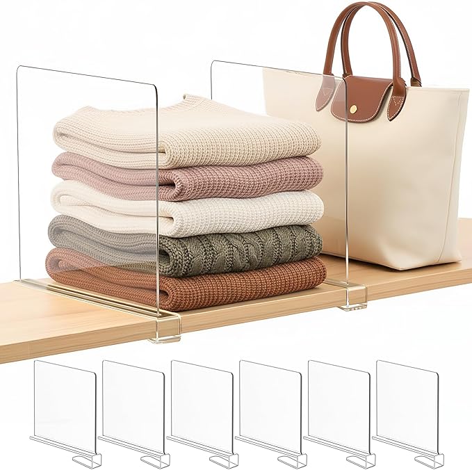 SortNStore Shelf Dividers Purse Organizer for Closet: 11-inch Tall(Extra Tall) Acrylic Sweater Organizer - Upgraded Extra Height for Large Handbags, Totes, Clothes, Towels on Wood Shelves 6-Pack