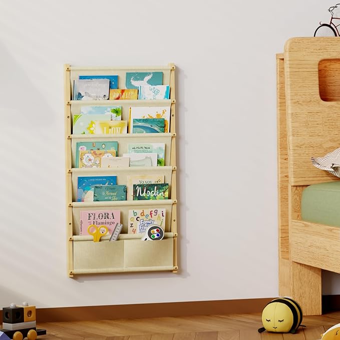 Wood 6-Tier Wall Mounted Kids Bookshelf – Floating Book Shelf For Kids Rooms,Nursery & Classroom, Hanging Bookcase Organizer For Books,Toddler Book Shelf, Montessori Bookshelf, Nursery Shelves (Small)