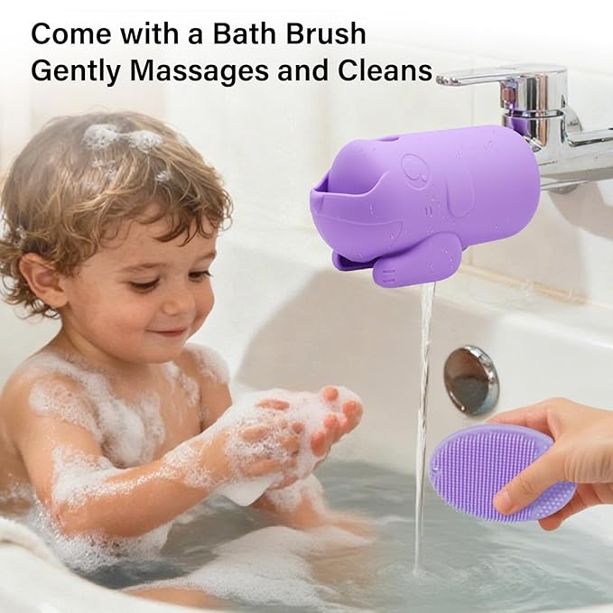 mandoo Faucet Extender for Toddlers, Bath Spout Cover for Baby, Bathtub Faucet Cover for Baby, Toddler Bath Silicone Shower Toys,Head Protector for Kids Safety.（Grey+Brush）
