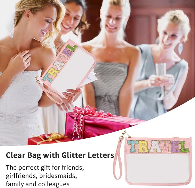Iqimott Chenille Letter Clear Bag Travel Pouch, Monogram PVC & PU Makeup Cosmetic Bag Zipper Toiletry Pouch, Waterproof Portable Beach Snack Wristlet Bags for Women Girls(Travel, Pink)