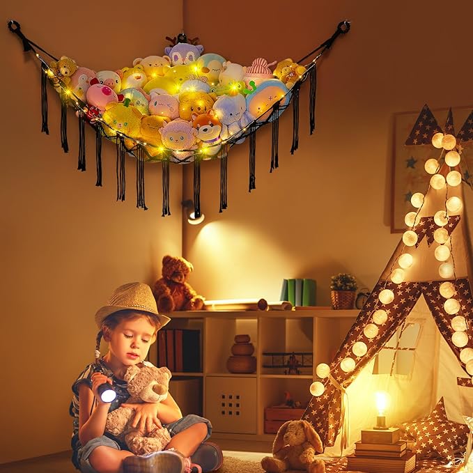 Basumee Stuffed Animals Net or Hammock with LED Light, Hanging Stuffed Animals Storage Toy Hammock Net Corner Wall Girls Room Decor Toy Storage Organizer, Black, L