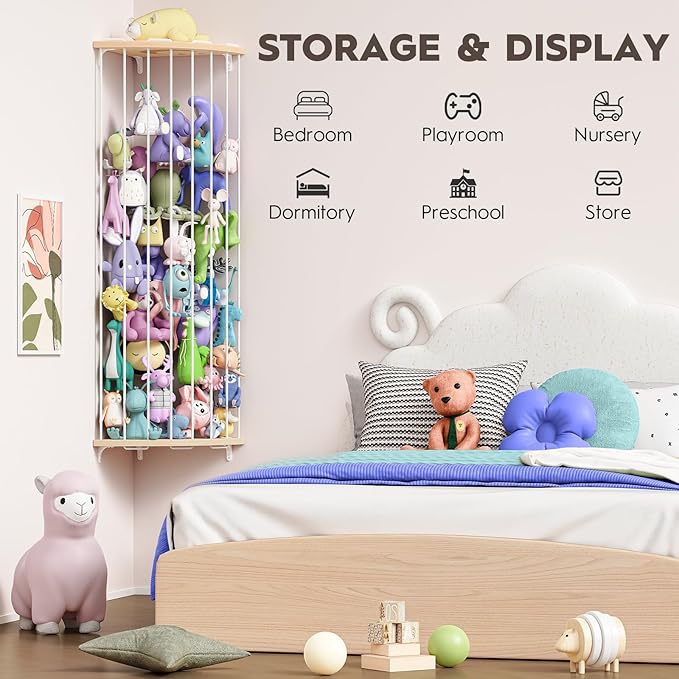 Corner Stuffed Animal Storage Zoo, Large Adjustable Solid Wood Plush Toy Organizer, Hanging Stuffie Holder Shelf & Cage with Engraved Dinosaur Star Moon for Kids Nursery Playroom