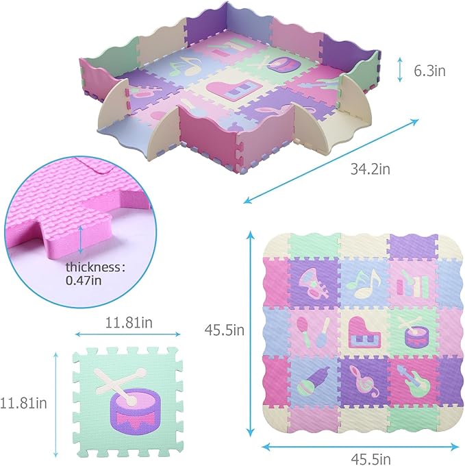 Tamiplay Foam Play Mat for Kids，25Pcs Square Interlocking Puzzle Floor Mat，Baby Play Mat Floor Mat Foam Puzzle Playmat for Toddlers with Fence（Musical Instrument-CSH016