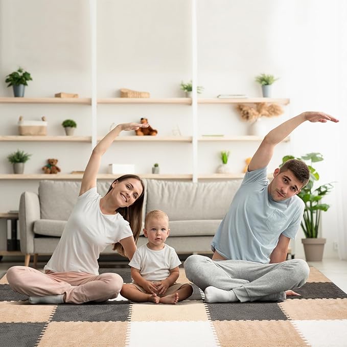 36 Pcs Plush Interlocking Carpet Tiles, Non-Toxic Foam Carpet Tile for Toddler Baby, Anti-Slip, EVA Foam Interlocking Tiles for Floor, Nursery, Playroom, Grey White Light Brown