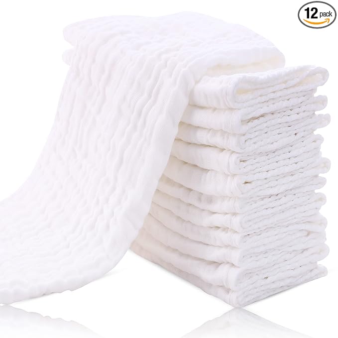 Cute Castle 12 Pack Muslin Burp Cloths for Baby - Ultra-Soft 100% Cotton Baby Washcloths - Large 20'' by 10'' Super Absorbent Milk Spit Up Rags - Burpy Cloths for Unisex, Boy, Girl - White