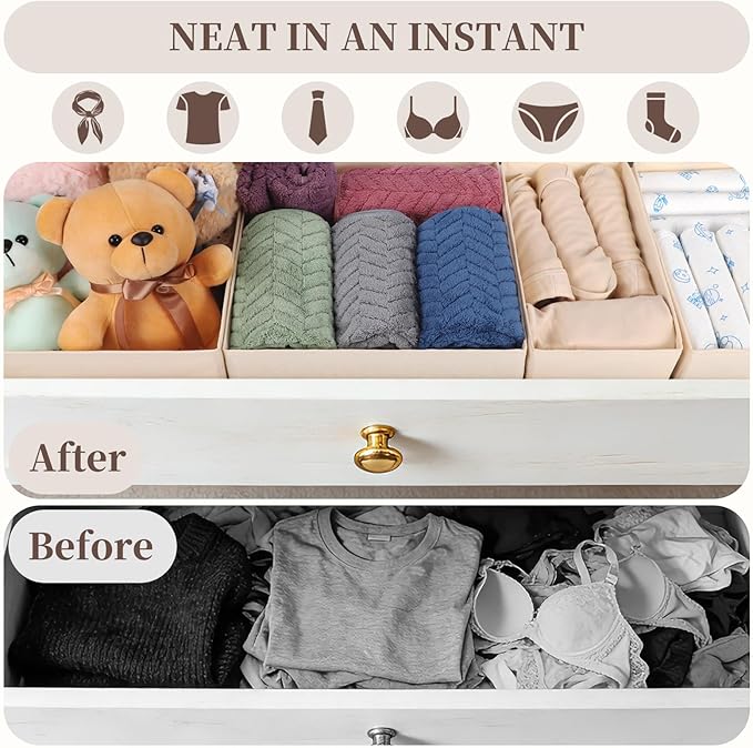 Drawer Organizer Clothes, 16 Pack Dresser Organizer Bins, Foldable Closet Organizers and Storage Fabric Dresser Bins, Shallow Drawer Dividers for Clothing, Underwears, Socks, Tie