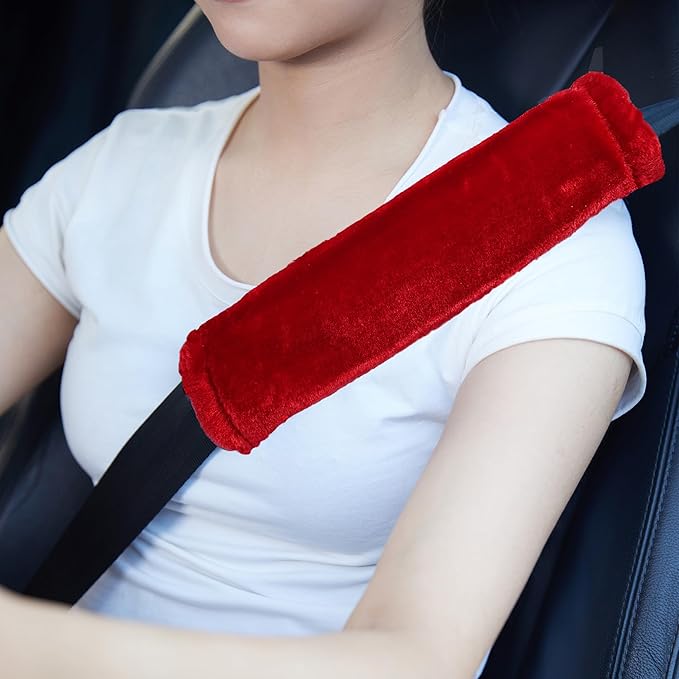 MOONET 2 Packs Car Seatbelt Covers Shoulder Pad for More Comfortable Driving, Universal Seat Belt Cover for Handbag Camera Backpack Straps, Soft Faux Sheepskin Wool Seat Belt Cushion (Red)