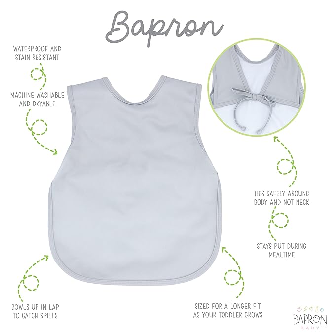 BapronBaby Minimalist Light Grey Bapron - No Neck Tie Safer Bib for Baby & Toddler - Soft Waterproof Stain Resistant - Machine Washable - Sz Baby/Toddler 6m-3T