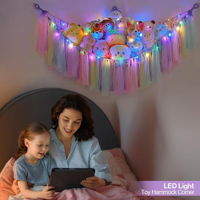 FIOBEE Stuffed Animals Net or Hammock with LED Light, Toy Hammock Hanging Stuffed Animals Storage Organizer Holder Room Décor for Nursery Kids Bedroom