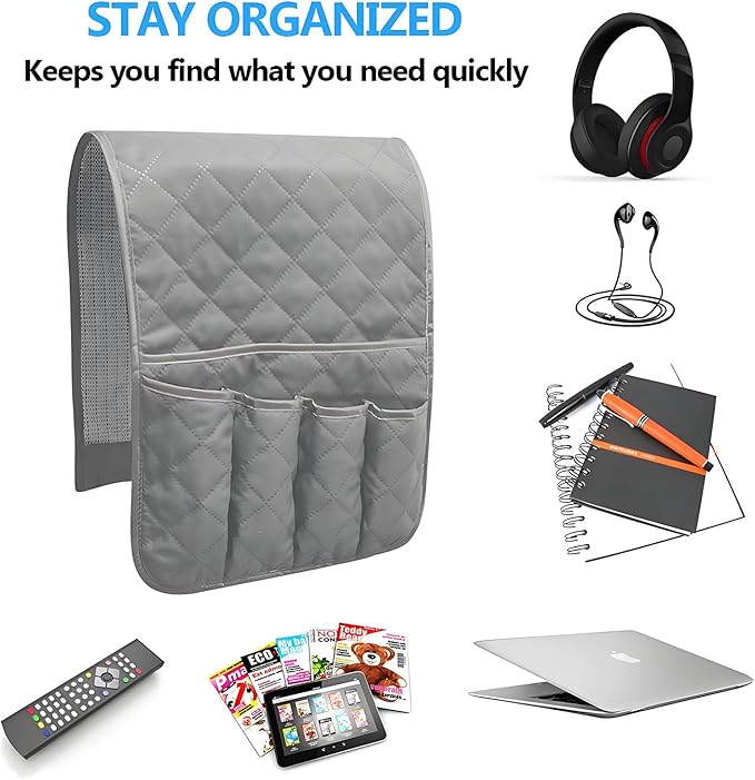 Sofa Armrest Organizer Non-Slip Arm Chair Bedside Caddy Storage Organizer for Recliner Couch with 5 Pockets for Cell Phone TV Remote Control Magazines (LIGHT GRAY)