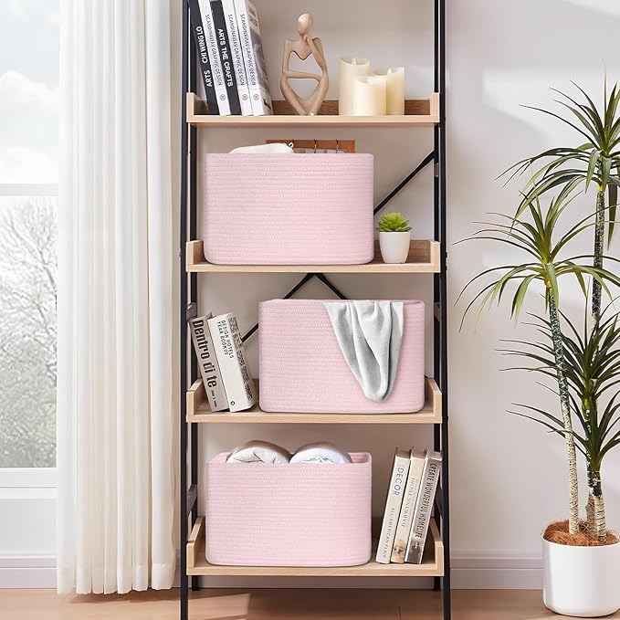 Degeyoyo Woven Storage Baskets, Pink Baskets for Organizing, 3 Pack Woven Basket for Storage, Storage Baskets for Shelf, Towel, Toy, Book, Closet, Baby 15"×10"×9"