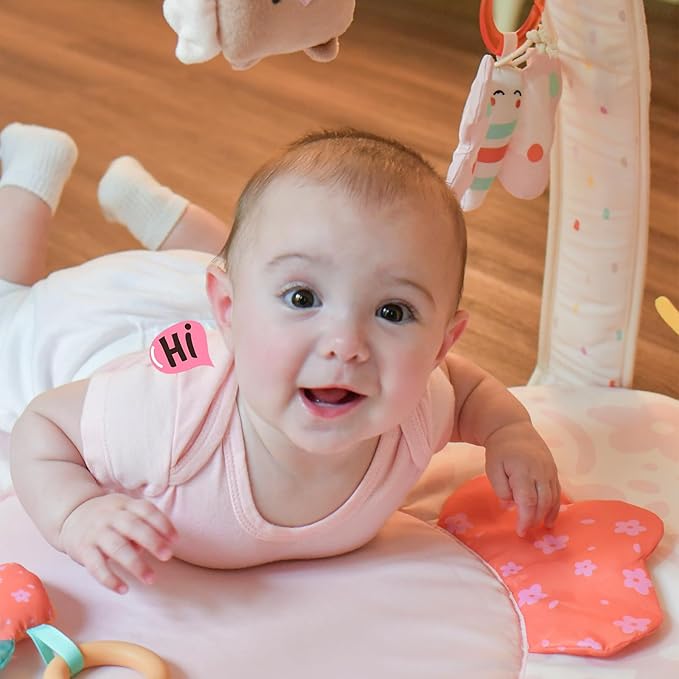 Baby Play Gym & Activity Mat with Light-up Musical Arch, Washable Tummy Time Mat with 6 Detachable Sensory Toys for Motor Skills, Baby Essentials Shower Gift - Updated Spring Blossoms Themed