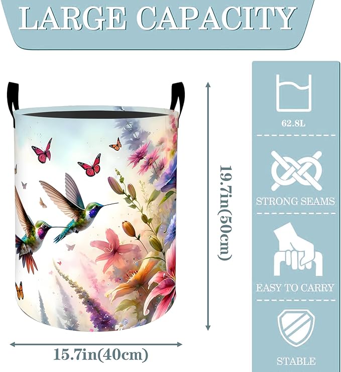 VODRM Floral Hummingbird Butterfly Laundry Basket, Dirty Collapsible Clothes Toy Organizer Hamper for Kids Adults, Oxford Cloth Waterproof Storage Bin for Bathroom Home Decor Gifts, 19.7"X15.7"