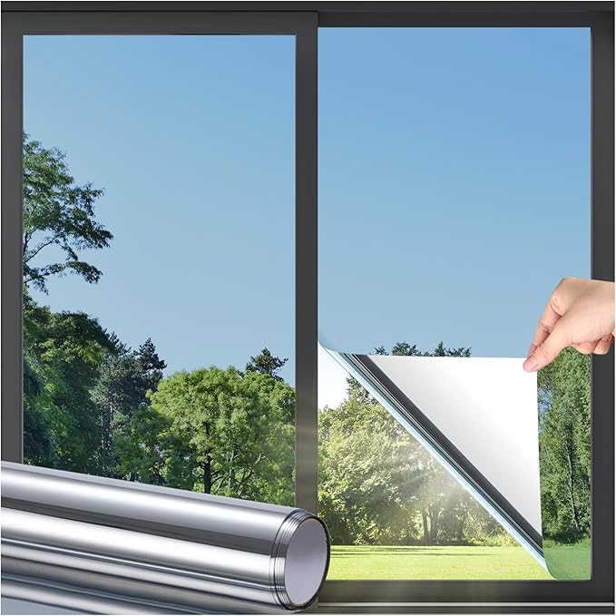 DOWELL Window Privacy Film, One Way Window Tint for Home, Static Cling Anti UV Sun Blocking Reflective Mirror Film, Heat Control See Out Not in Glass Tinting, Silver, 29.5" x 157.4"