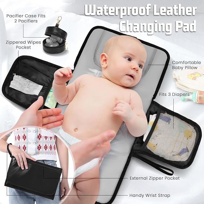 ROSEGIN Premium Vegan Leather Diaper Bag Backpack with Waterproof Changing Pad – Reinforced Stitching & Zippers, Baby Bag for Boy Girl, Stroller Straps, Ergonomic Design for Traveling Moms, Black