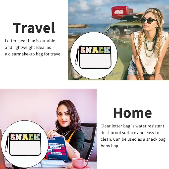 Iqimott Chenille Letter Clear Bag Snack Pouch, Monogram PVC & PU Makeup Cosmetic Bag Zipper Toiletry Pouch, Waterproof Portable Purse Travel Beach Snack Wristlet Bags for Women Girls(Snack, Black)