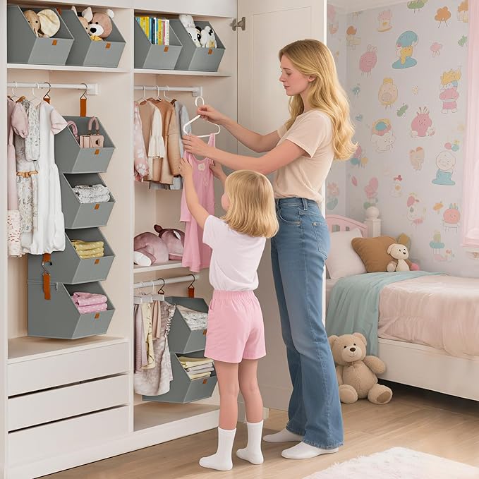 Homsorout Hanging Closet Organizer 4 Tier - Clothes Hanging Shelves, Space-Saving Closet System, Fabric Storage Bins Bedroom Organization, Collapsible Baskets for Home, Dorm, Rv, Grey, 2 Pack