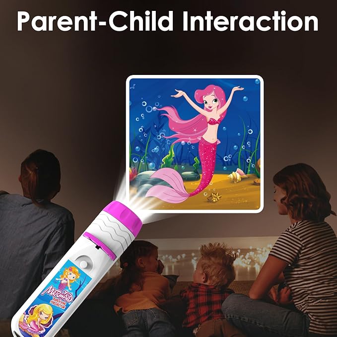 Pup Go Mermaid Projector Flashlight for Kids Ages 3+, Ideas Christmas Stocking Stuffers Gifts for Girls, Pink Fairy Little Mermaid Toys, 3 Discs 24 Images, Kid Night Light Projector