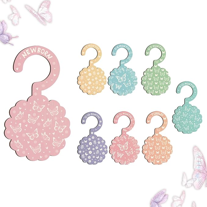 Baby Clothes Dividers for Closet - Set of 8 Wooden Baby Size Closet Dividers Newborn to 24 Months, Newborn Organizer for Girls, Floral Butterfly Baby Nursery Decor Kit Newborns Gift Baby Shower