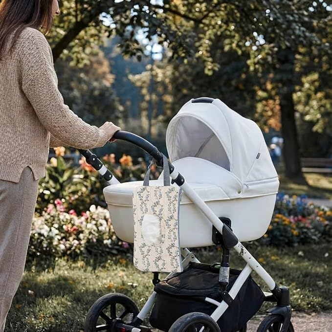 Quilted Baby Wipe Holder Quilted Wipe Pouch Portable Hanging Floral Wet Wipes Bag for Car, Stroller