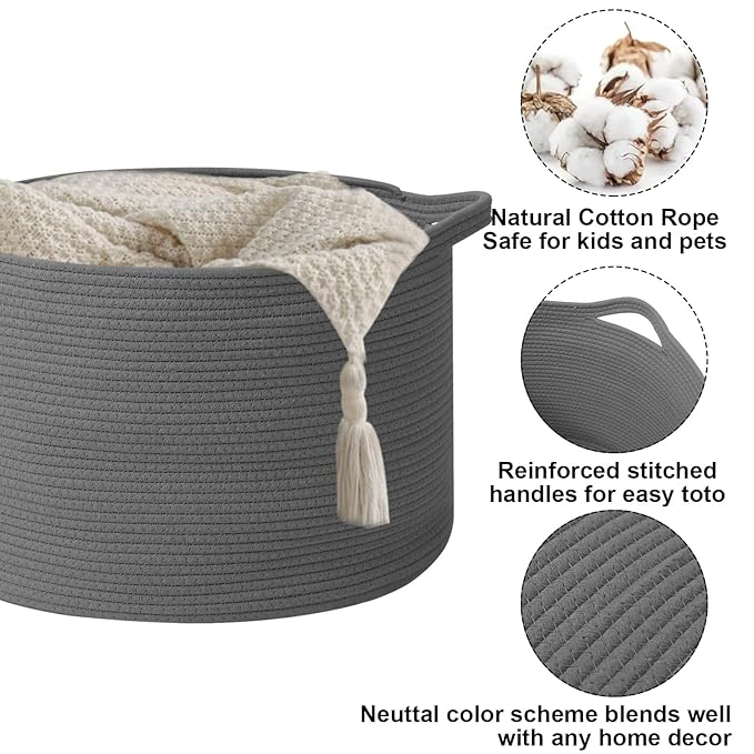 Large Storage Basket with Handle,19.7" L x 19.7" W x 13" H Blanket Basket Storage Bins for Organizing,65L Cotton Rope Woven Baskets for Living Room, Nursery,Bedroom,Dark Gry