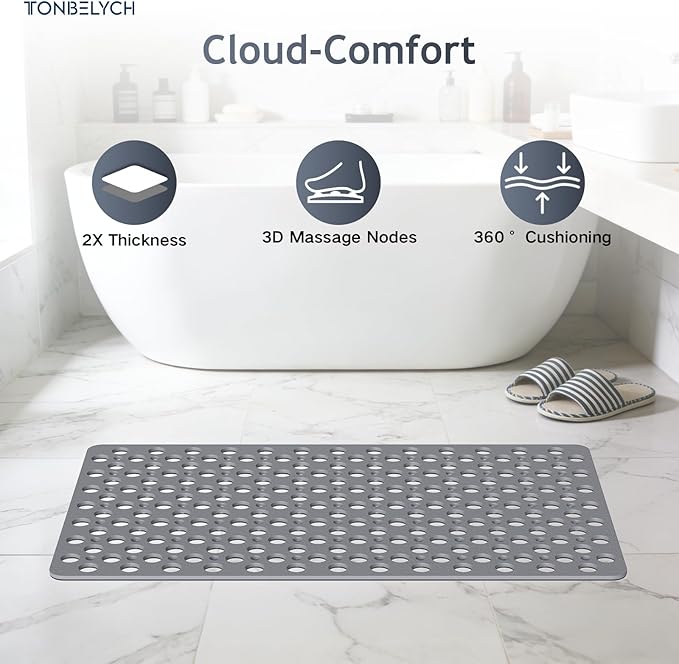 TONBELYCH Non Slip Bath Mat for Shower & Bathtub - 30x17 Inch with Strong Suction Cups and Drain Holes, Quick-Dry, Machine Washable Floor Mat for Elderly, Kids & Pets