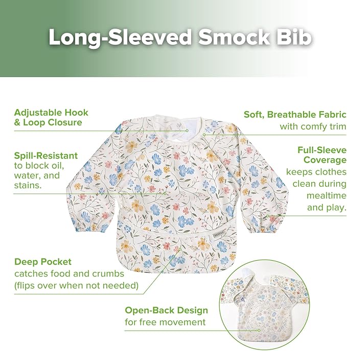 haakaa Long Sleeve Baby Bib, Waterproof & Adjustable Baby Smock Bib for Eating, Painting & Play, Easy Wipe Clean, 6–24M