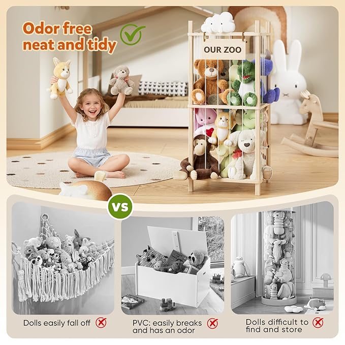 Dayacoco Stuffed Animal Storage, 2 Layer Wood Stuffed Animal Organizer Zoo, Toy Stuffy Storage Bin with Elastic Band and Net for Nursery Play Room Bedroom (Pine Wood)