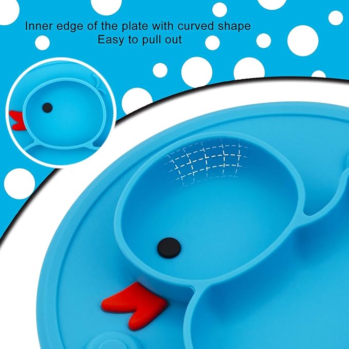 Linowos Baby Divided Plate Silicone- Portable Non Slip Child Feeding Plate with Suction Cup for Children Babies and Kids BPA Free Baby Dinner Plate Microwave Dishwasher Safe … (Duck-Blue)