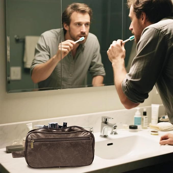 Mens travel toiletry bag, Gift For Men，PU Leather Water Resistant Cosmetic Bag Dopp Kit Shaving Pouch with Large Capacity for Toiletries Accessories(Coffee)