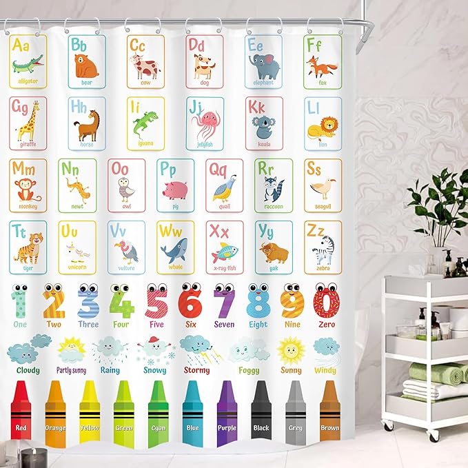 Alphabet ABC Kids Shower Curtain 60Wx72H Children Cartoon Cute Animal Colorful Educational Bathroom Curtain Set Number Learning Bath Curtain Fabric Baby Girls Boys Bathroom Decor with 12 Hooks