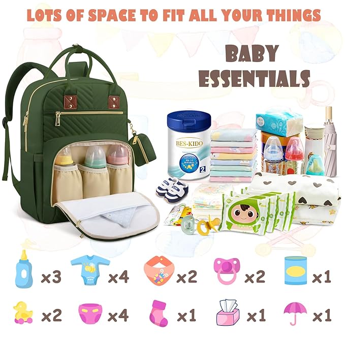 Tenot Baby Diaper Bag Backpack, Travel Diaper Bags for Girl Boy Large Capacity Baby Bag Backpack for Women Army Green