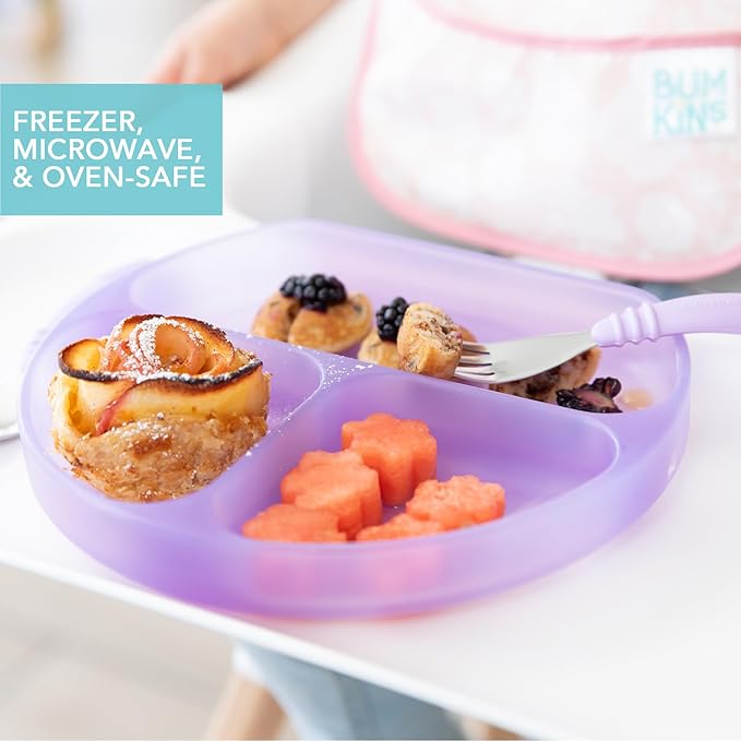 Bumkins Toddler and Baby Suction Plate, Silicone Divided Grip Dish for Babies and Kids, Baby Led Weaning, Children Feeding Supplies, Non Skid Sticky Bottom, Ages 6 Months Up, Purple Jelly