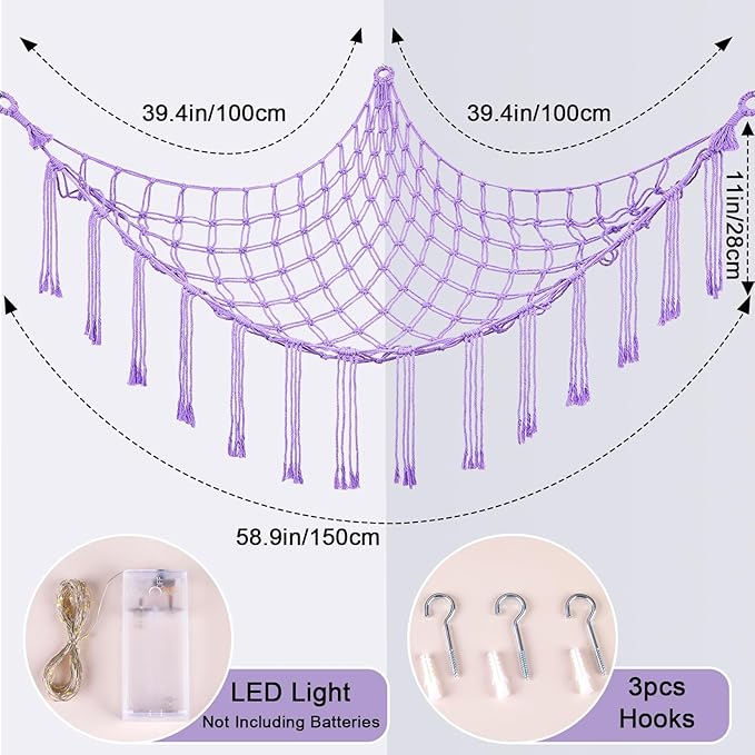 Basumee Stuffed Animals Net or Hammock with LED Light, Hanging Stuffed Animals Storage Toy Hammock Net Corner Wall Girls Room Decor Toy Storage Organizer, Purple, L