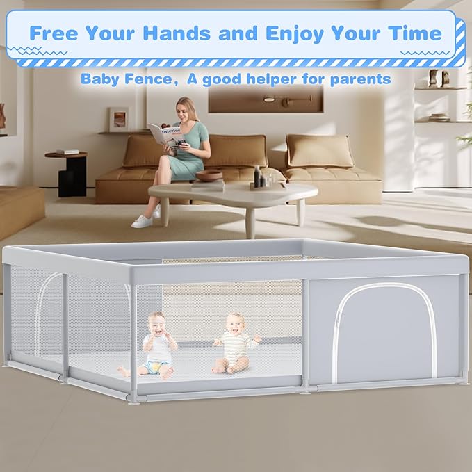 Baby Playpen, 79 x 79 Inch Play Pen, Playpen for Babies and Toddlers, Baby Playard for Indoor & Outdoor Active Center Game Fence, with Skin-Friendly Fabric and Soft Breathable Mesh Grey