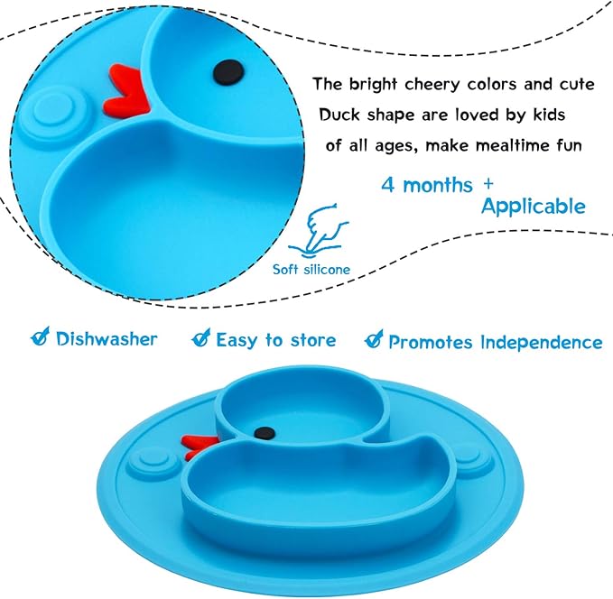 Linowos Baby Divided Plate Silicone- Portable Non Slip Child Feeding Plate with Suction Cup for Children Babies and Kids BPA Free Baby Dinner Plate Microwave Dishwasher Safe … (Duck-Blue)