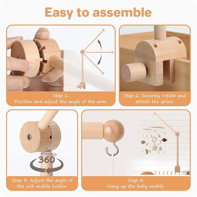 Baby Crib Mobile Arm, Nicemer Wooden Mobile Arm for Crib, Optimum Slat Thickness for Crib 0.6-1'', 3D 360° Adjustable, Height Range 16.1-24.4'', Mobile Hanger for Crib Baby Boy Girl Nursery Decor