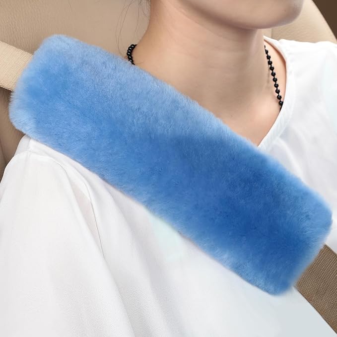 Soft Genuine Sheepskin Wool Auto Seat Belt Cover Seatbelt Shoulder Pad for a More Comfortable Driving, Compatible with All Cars(Blue)