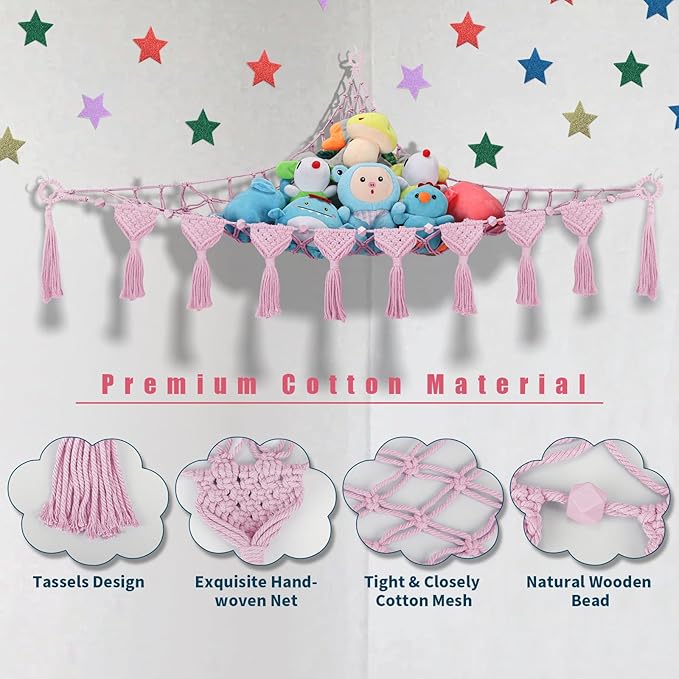 Stuffed Animal Hammock Corner - 56'' Jumbo Handcrafted 5mm Double Macrame Cord Stuffed Animal Net - 100% Natural Cotton Toy Hammock Holder - Pink Stuffy Hammock Plushie Net w/LED Star Light