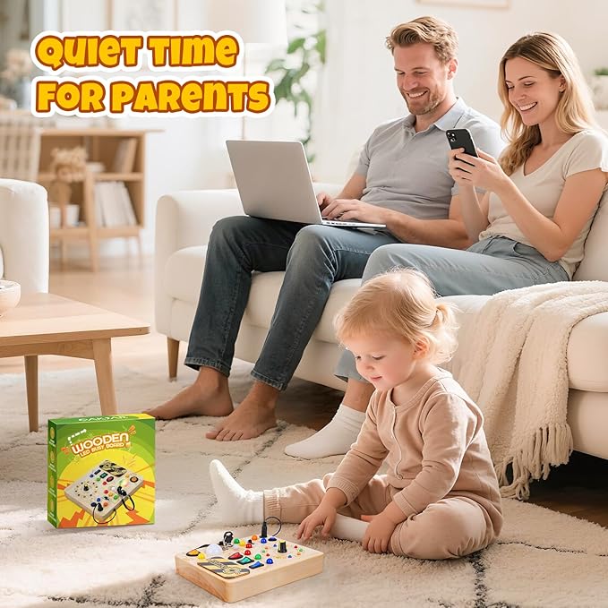 OAKJAR Busy Board, Montessori Toys for 1+ Year Old, Busy Board with 13 Led Light, Wooden Toddler Educational Travel Toy, 1 Year Old Boy&Girl Gifts