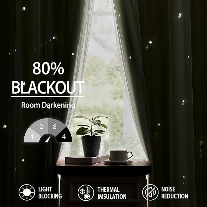 XiDi Sage Green Blackout Curtains for Bedroom Living Room 84 Inches Long Room Darkening Thermal Insulated Drapes Window Treatment Grommet Top Light Blocking Star Curtains for Kids Boys 2 Panels 52x84