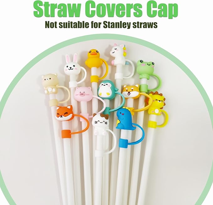 12Pcs Cute Silicone Straw Covers Cap,RENUIS Straw Toppers for Tumblers,Reusable Portable Drinking Straw Tips Lids,Dust-Proof Straw Plugs Soft Cap Protector Cover for 6-7mm Small Straws(Animals Theme)
