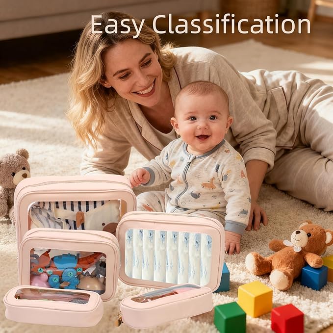 5PCS Diaper Bag Organizer Pouch Set，Clear Organizer Bags,TSA Approved Toiletry Bag,Clear Waterproof Cosmetic Bags with Zipper,Purse Organizer Pouches,Travel Organizer Bags for Woman and Kids